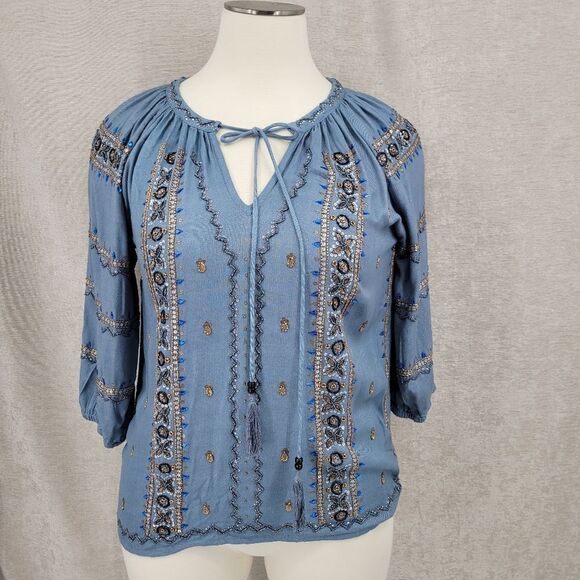 Raga Peasant Phoenix Blouse Beaded Blue Women's Size Large Viscose - Picture 1 of 12
